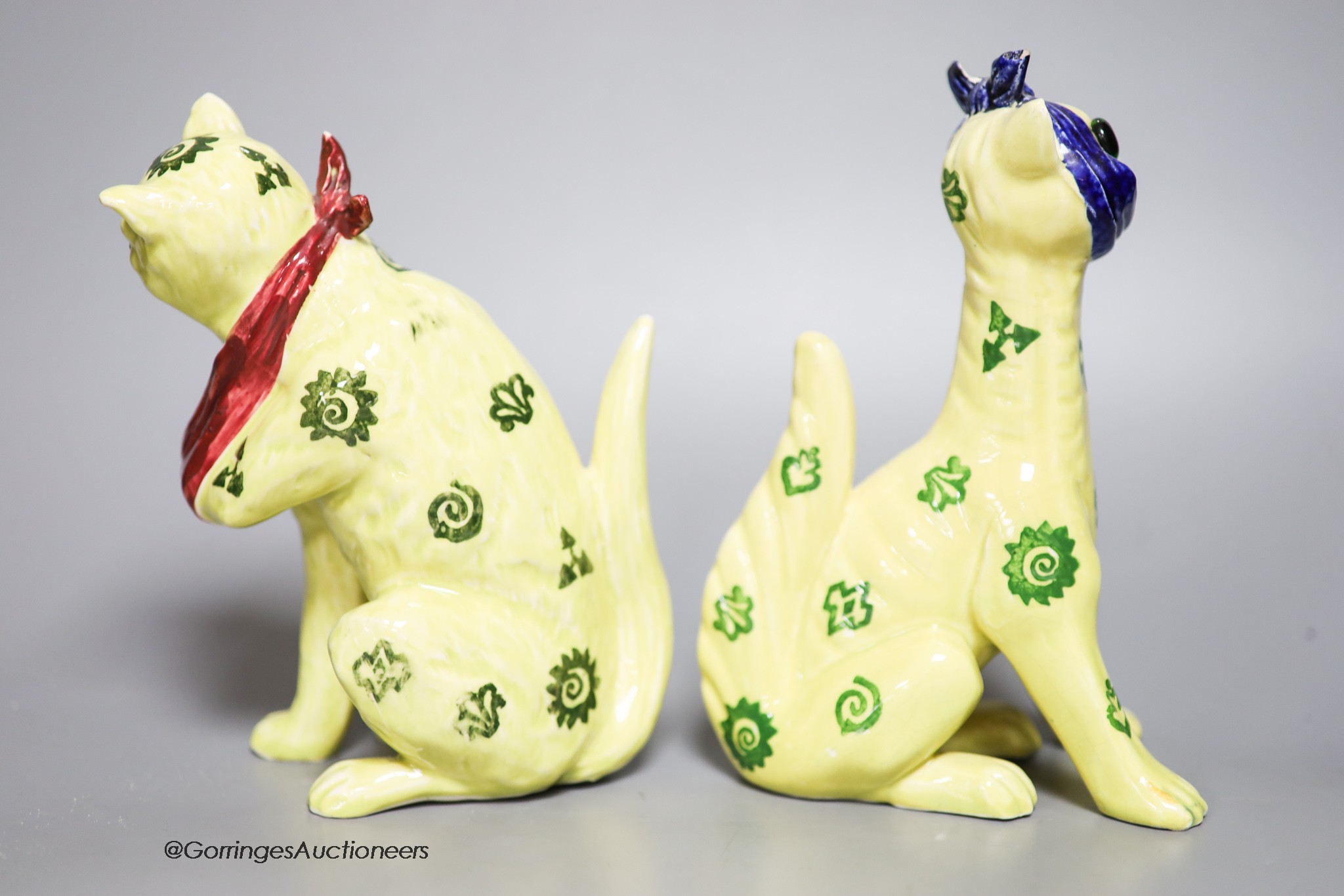 Two early 20th century Galle style pottery cats, tallest 19cm